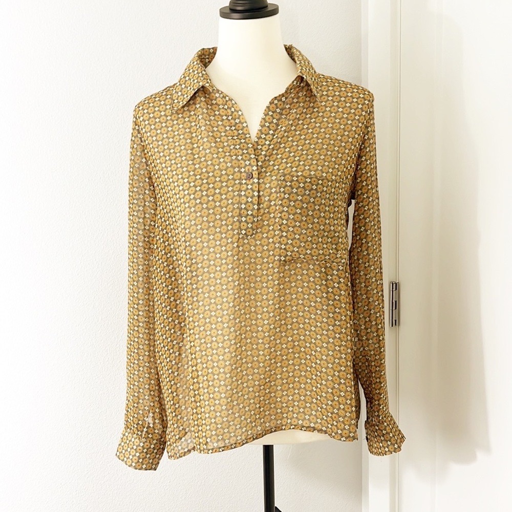 Nordstrom Harlowe & Graham Small Gray/Green Floral Long Sleeve Button Shirt Top